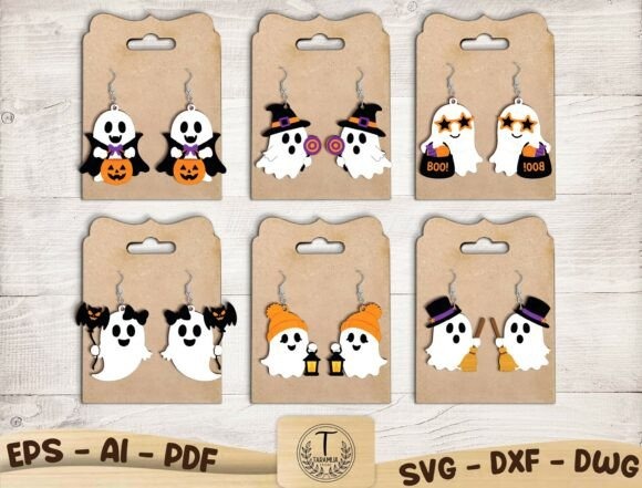 25 Laser Cut Halloween Jewelry Ideas 13 Laser cut Halloween jewelry featuring six pairs of ghost-themed earrings with various playful designs
