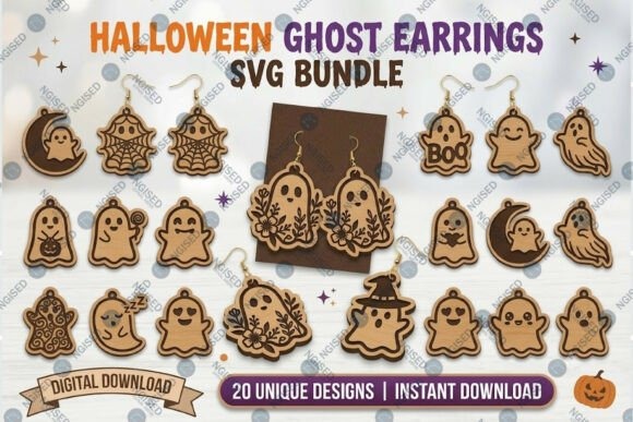 35 Halloween Laser Cut Wood Earrings Ideas 19 Halloween laser cut wood earrings featuring 20 unique ghost-themed designs in natural wood with dark engraved details