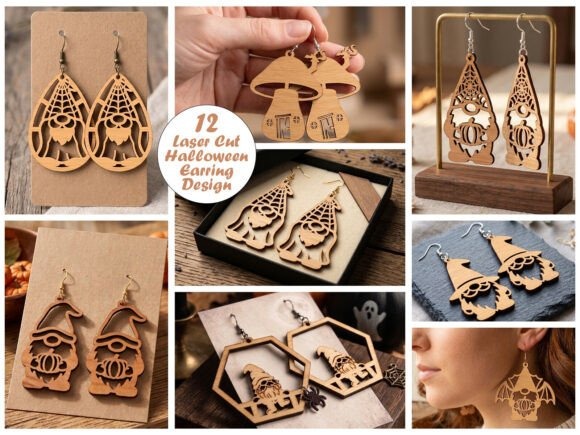 35 Halloween Laser Cut Wood Earrings Ideas 27 halloween laser cut wood earrings featuring whimsical gnome and pumpkin designs in various shapes and styles