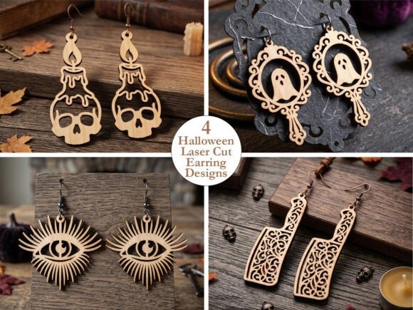 45 Best Laser Cut Acrylic Jewelry Ideas 41 Laser cut acrylic jewelry featuring four Halloween earring designs including skull candles, ghost mirrors, all-seeing eyes