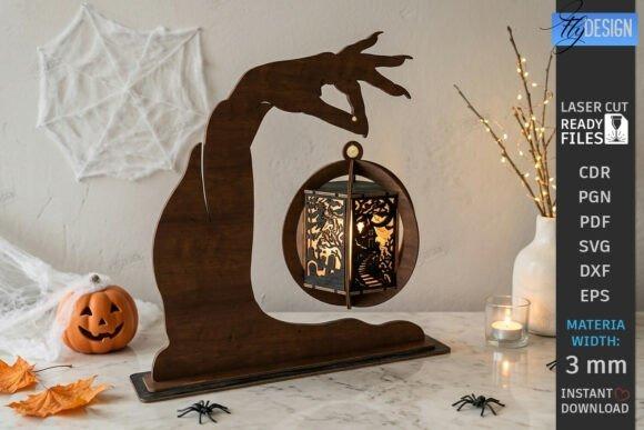 Laser Cut Halloween Lantern — laser cut Halloween decorations Dimensional laser cut Halloween decorations featuring a hand holding a spooky lantern with intricate cutouts