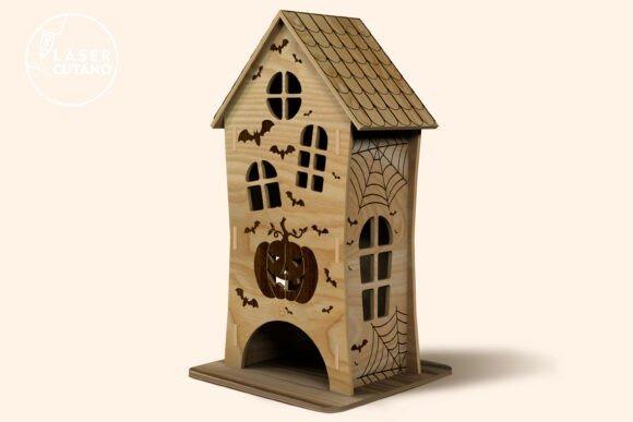 Halloween House Lantern — Halloween laser cut ideas Halloween laser cut ideas haunted house lantern with bats, pumpkins, spider webs, and windows for LED candle or fairy lights