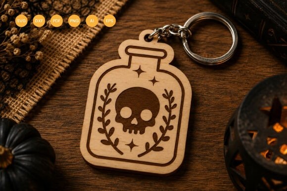 Halloween laser cut keychain Halloween laser cut keychain with skull bottle design on wood material