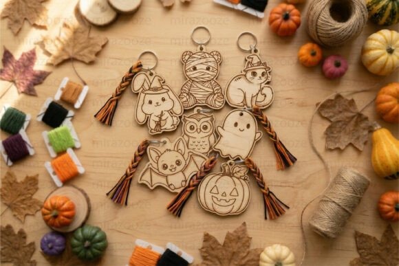Halloween laser cut keychain set Halloween laser cut keychain set with kawaii animal and spooky designs including mummy, witch bunny, vampire fox, ghost, and