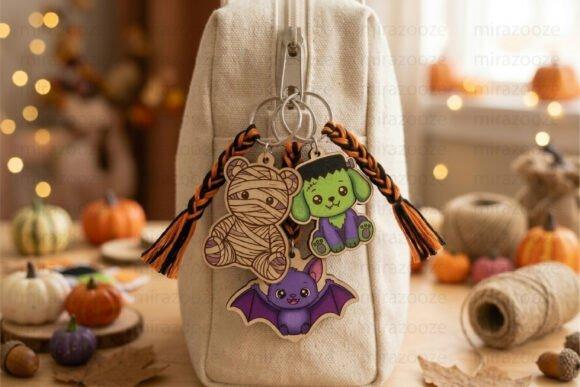 Halloween laser cut keychain set Halloween laser cut keychain set featuring a mummy, Frankenstein, and bat with orange and black tassels
