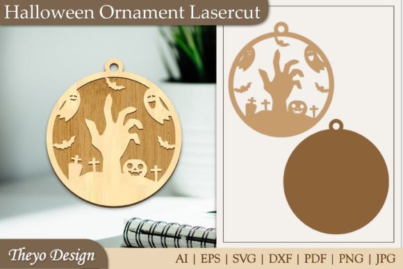 Halloween Laser Cut Ornament Halloween laser cut wooden ornament with zombie hand, bats, gravestones, and skull design