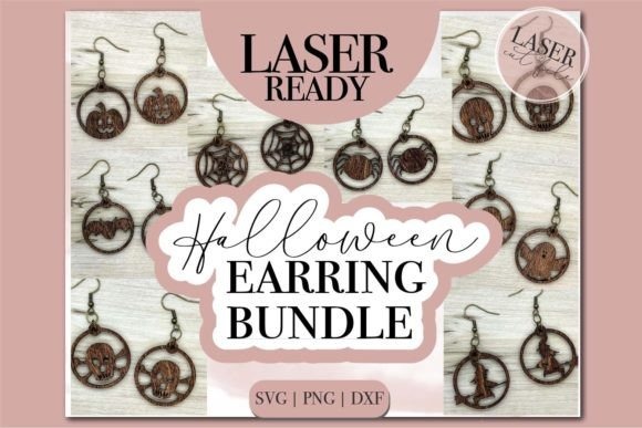 35 Halloween Laser Cut Wood Earrings Ideas 36 Halloween laser cut wood earrings featuring round shapes with witch, bat, ghost, skull, pumpkin, spider, and spiderweb motifs