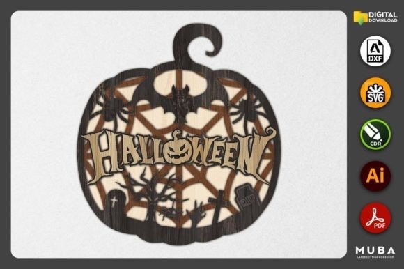 Halloween Laser Cut Pumpkin Halloween laser cut layered pumpkin decoration with spooky elements and Halloween text