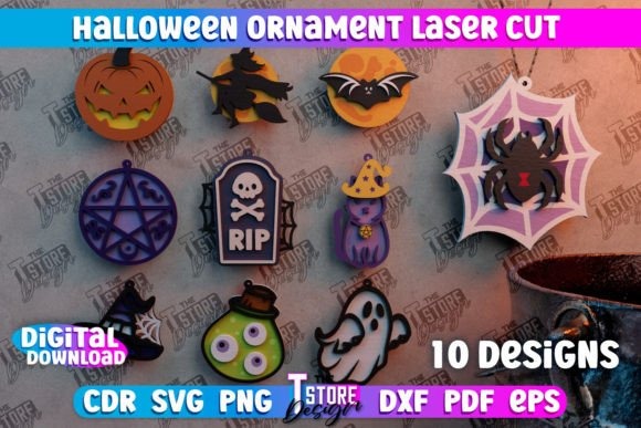 25 Laser Cut Halloween Jewelry Ideas 2 Laser cut halloween jewelry including pumpkin, bat, spider web, ghost, and potion bottle pendants in various colors
