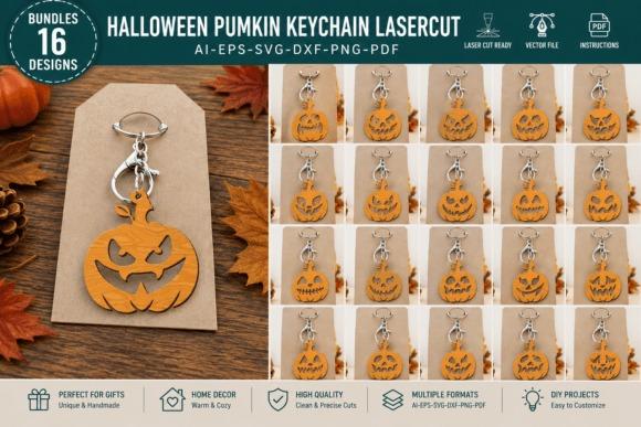 Halloween Laser Cut Keychain Set Halloween laser cut keychain set with 16 wooden Jack O’Lantern designs for craft fairs and party favors