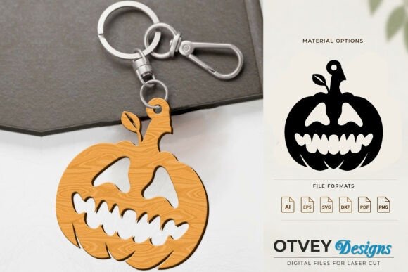 Halloween laser cut keychain Halloween laser cut keychain in pumpkin-face design made from wood attached to metal keyring and clip
