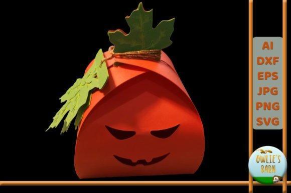 Halloween Pumpkin Box — Halloween laser cut ideas Curved Halloween pumpkin box with jack-o'-lantern face, layered leaf gift tag, and closing — Halloween laser cut ideas
