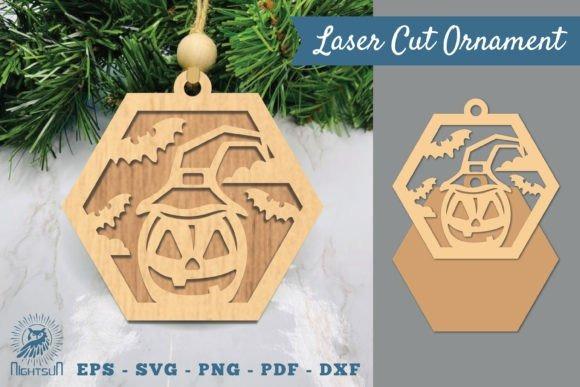 Halloween Laser Cut Pumpkin Ornament — Halloween laser cut ideas Halloween laser cut ideas pumpkin ornament with witch hat and bats in hexagon wooden design