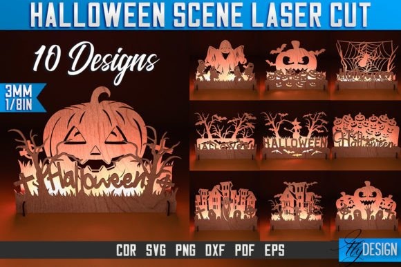 Halloween Scene Laser Cut Designs — Halloween laser cut ideas Halloween laser cut ideas showing 10 spooky scene designs including pumpkins, ghosts, cats, and spider webs in layered