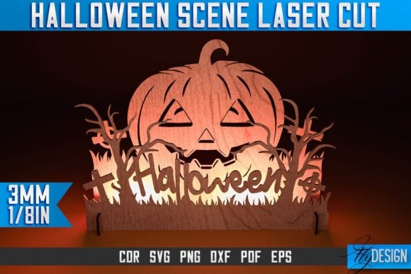 Halloween Scene Laser Cut — Halloween laser cut ideas Halloween laser cut ideas showing a wooden pumpkin scene with trees and Halloween text in layered design