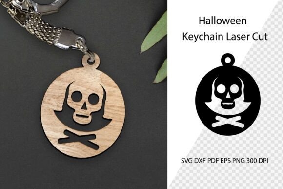 Halloween Laser Cut Keychain Halloween laser cut keychain with skull and crossbones design in wood material