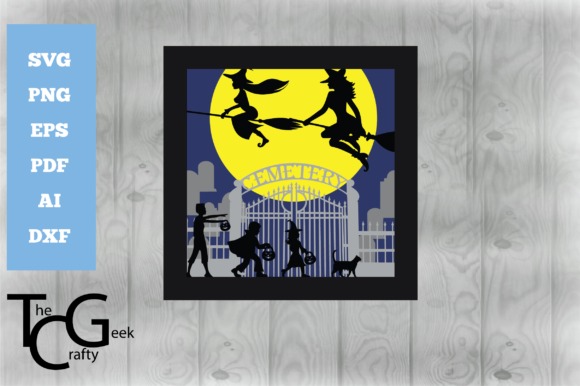 Halloween Laser Cut Shadow Box Halloween laser cut shadow box with seven layers showing children trick-or-treating in front of a cemetery gate under a full