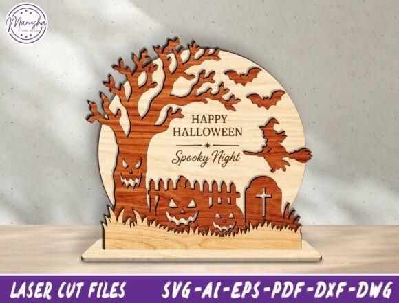 Halloween Laser Cut Decoration — Halloween laser cut ideas Wooden Halloween laser cut decoration with pumpkins, bats, witch, tree, and graveyard scene — Halloween laser cut ideas
