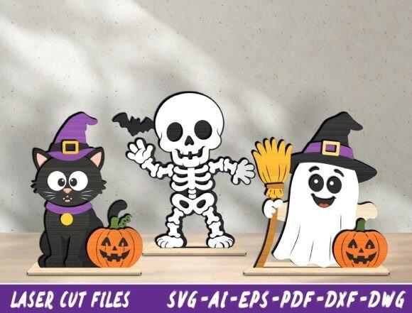 Halloween Laser Cut Ideas Halloween laser cut ideas featuring a black cat with witch hat, dancing skeleton, and ghost with broom and pumpkins