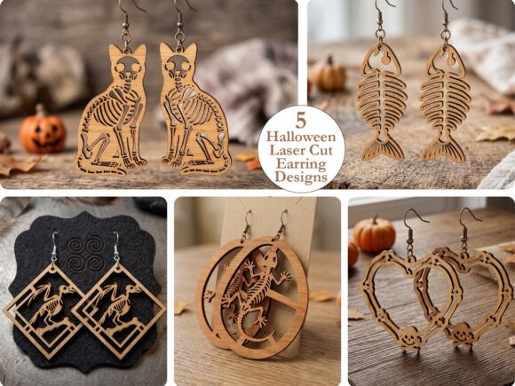35 Halloween Laser Cut Wood Earrings Ideas 18 Halloween laser cut wood earrings featuring skeleton cats, fish bones, dinosaurs, lizards, and heart designs