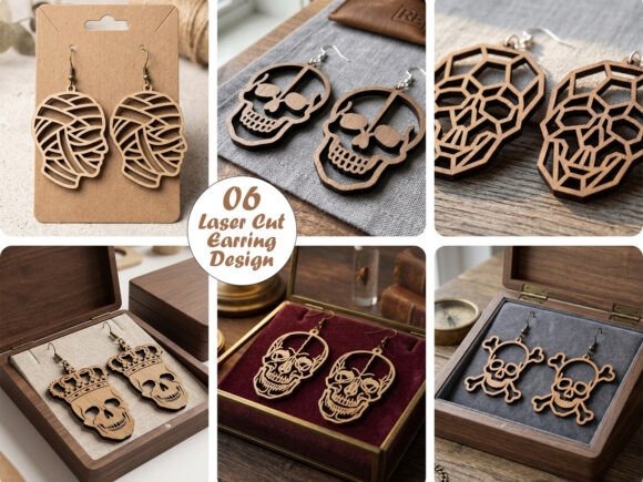 35 Halloween Laser Cut Wood Earrings Ideas 37 halloween laser cut wood earrings in skull and geometric skull designs displayed on cards and in wooden boxes