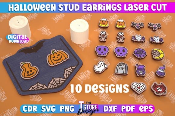 25 Laser Cut Halloween Jewelry Ideas 15 Laser cut Halloween jewelry stud earrings in various small designs including pumpkins, skulls, ghosts, and bats on an orange