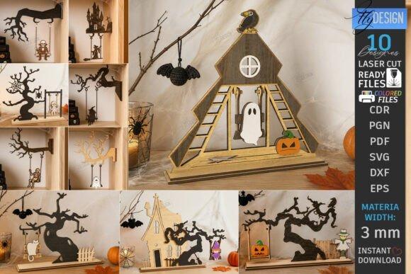 Halloween Laser Cut Ideas Bundle Halloween laser cut ideas featuring swinging ghost, skeleton, witch, pumpkin, tree, and haunted house tabletop ornaments