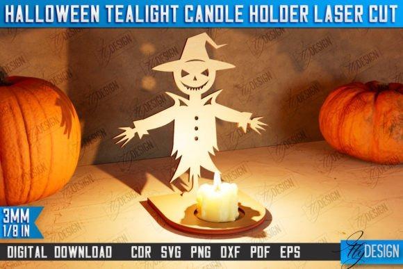 Halloween Tealight Candle Holder — Halloween laser cut ideas Halloween laser cut ideas featuring a scarecrow tealight candle holder casting a shadow with pumpkins nearby