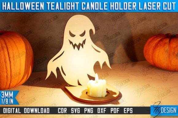 Halloween Tealight Candle Holder — Halloween laser cut ideas Halloween laser cut ideas ghost-shaped tealight candle holder casting shadow between two pumpkins