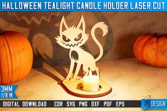 Halloween Tealight Candle Holder — Halloween laser cut ideas Halloween laser cut ideas showing a tealight candle holder with a spooky cat design casting shadows