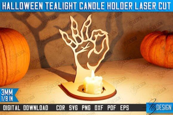 Halloween Tealight Candle Holder — Halloween laser cut ideas Halloween laser cut ideas showing a shadow-style tealight candle holder shaped like a skeletal hand with a lit candle inside