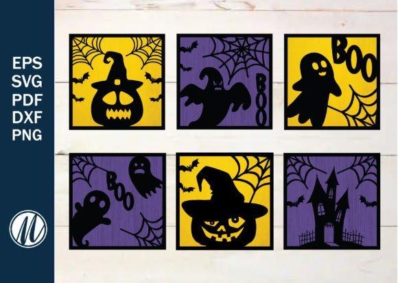 Halloween laser cut ideas set Halloween laser cut ideas showing six small spooky designs including pumpkins, ghosts, bats, and haunted house in black on