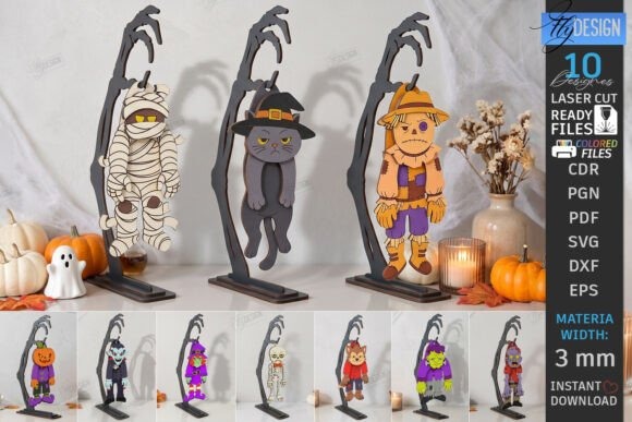 Laser Cut Halloween Decorations Laser cut Halloween decorations featuring playful hanging characters including a mummy, black cat, and scarecrow