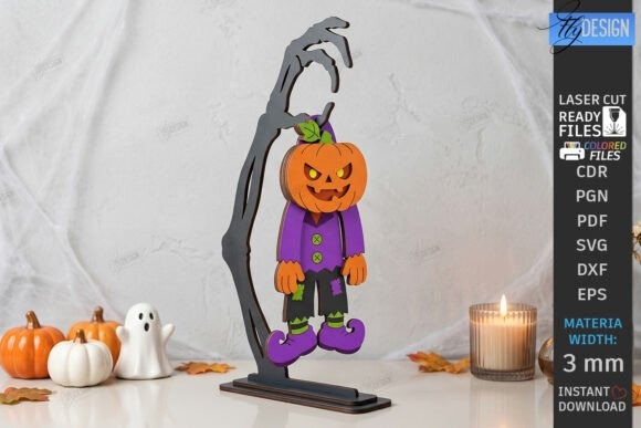 Halloween Laser Cut Articulated Pumpkin Figure — Halloween laser cut ideas Halloween laser cut ideas featuring articulated pumpkin-headed figure hanging from a spooky hand-shaped stand with small