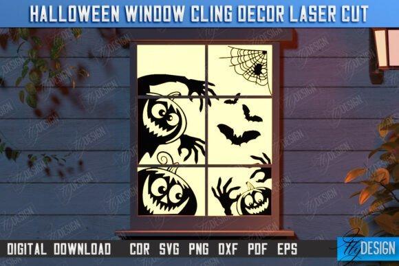 Laser Cut Halloween Window Cling Décor — laser cut Halloween decorations Laser cut Halloween decorations showing black silhouette window clings with spooky faces, bats, and spider web on a light