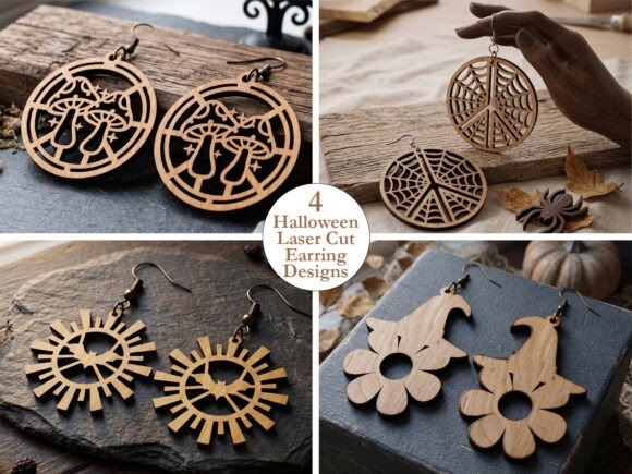 45 Best Laser Cut Acrylic Jewelry Ideas 40 Laser cut acrylic jewelry featuring four pairs of Halloween-themed wooden earrings with witchy and celestial designs