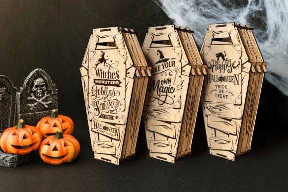 Halloween Coffin Box Laser Cut — Halloween laser cut ideas Halloween laser cut ideas showing three coffin-shaped wooden boxes with engraved Halloween-themed lids