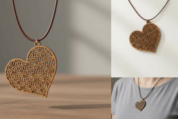 Heart shape laser cut necklace with intricate mandala and boho pattern on brown cord
