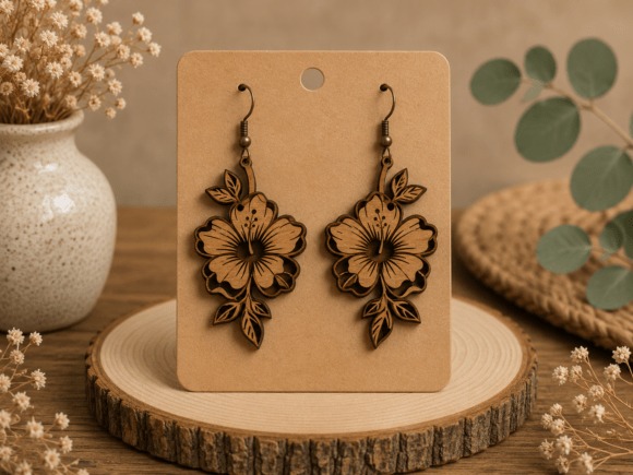 45 Best Laser Cut Acrylic Jewelry Ideas 16 Laser cut acrylic jewelry hibiscus flower earrings with intricate botanical design on brown card