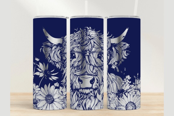 Highland Cow 20oz laser engraving ideas on a full-wrap tumbler with floral and animal design