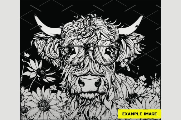 Highland cow with glasses surrounded by flowers laser engraving ideas design