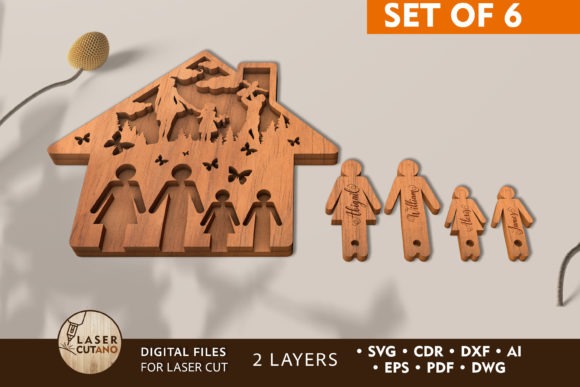 10 Laser Cut Projects for Useful Home and Workshop Builds 23 Laser cut projects for home and workshop showing a wooden home-shaped key holder set of 6 with family figures and butterflies