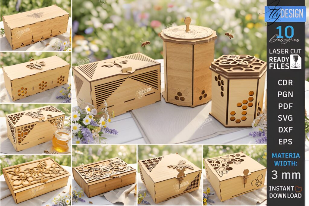 21 Laser Cut Organizer SVG Files for Home Storage Projects 24 Laser cut organizer wooden honey storage boxes with bee and honeycomb designs for decorative pantry storage