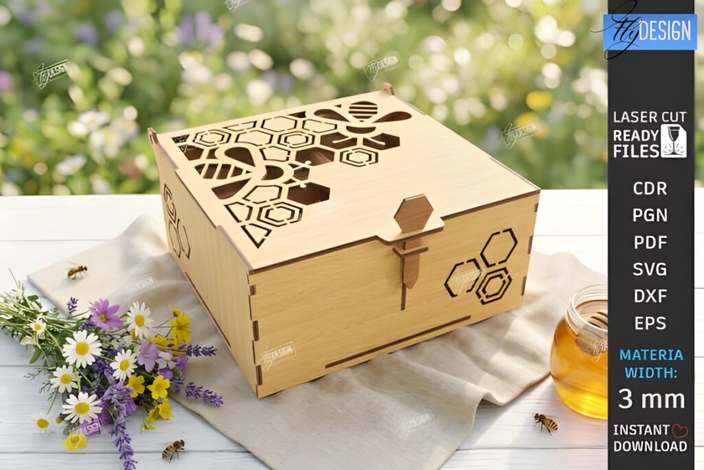 21 Laser Cut Organizer SVG Files for Home Storage Projects 25 Laser cut organizer wooden box with honeycomb and bee design on table with flowers and honey jar