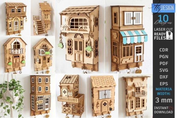 10 Best Useful Laser Engraving Projects for Home: Ideas and Tips 3 Laser engraving projects for home showing various house shaped wooden organizers with detailed cut and engraved designs