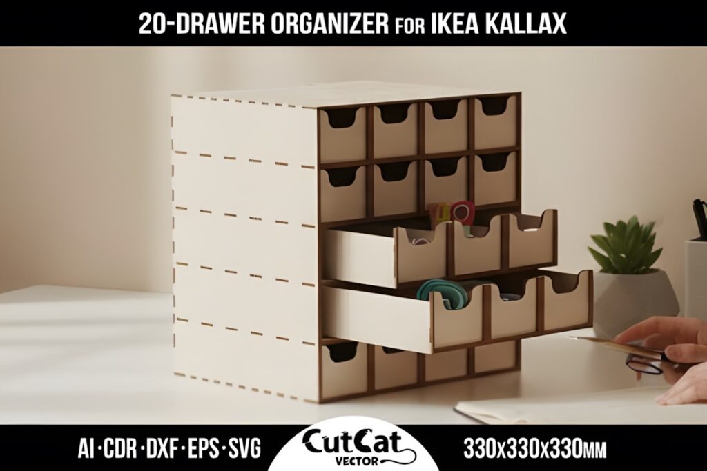 21 Laser Cut Organizer SVG Files for Home Storage Projects 13 Laser cut organizer with 20 drawers designed for IKEA KALLAX cube storage