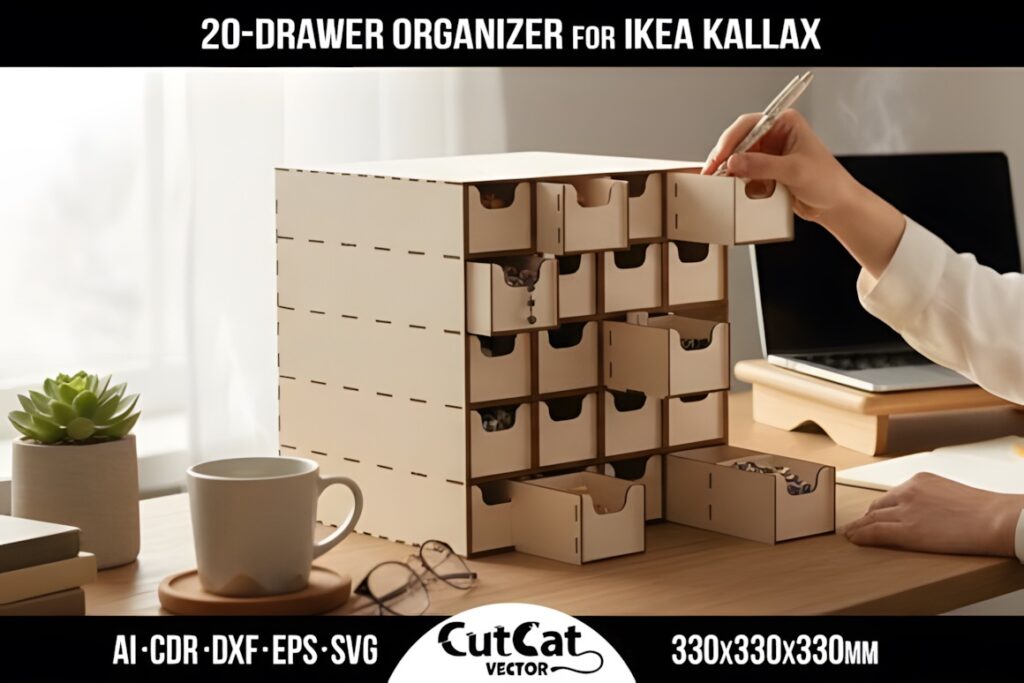 21 Laser Cut Organizer SVG Files for Home Storage Projects 12 Laser cut organizer with twenty small drawers on a desk holding various items