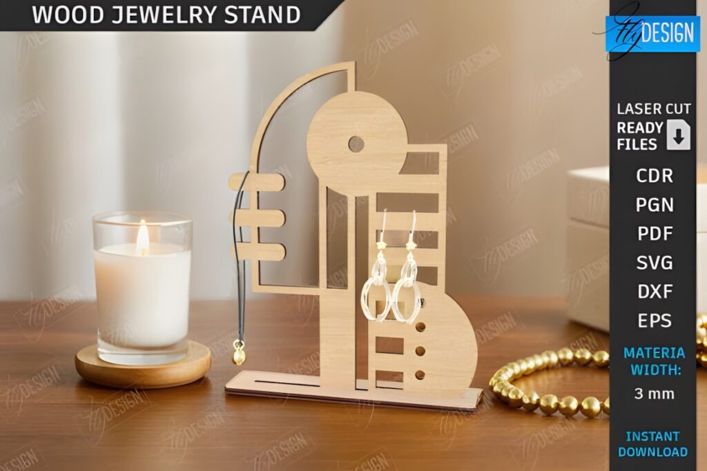 37 Laser Cut Ideas for Creative Maker Projects 20 Wooden laser cut jewelry stand with geometric design holding earrings on a table with candle and beads
