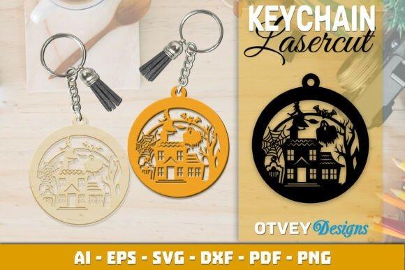 Halloween laser cut keychain Halloween laser cut keychain designs in cream, orange, and black with haunted house and spooky elements