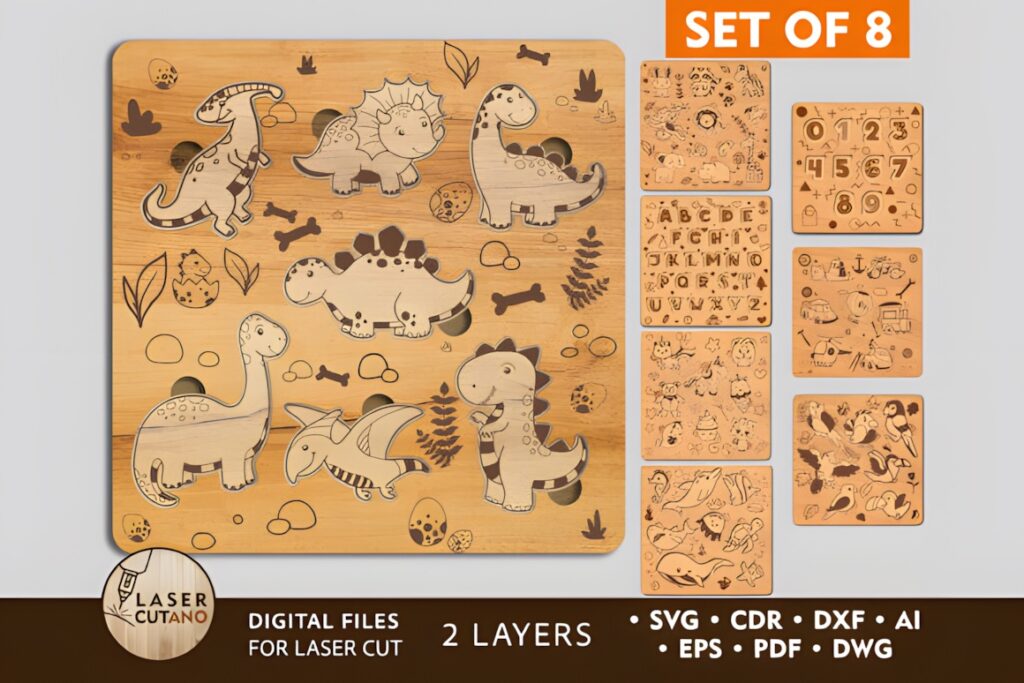 45 Laser Cut Files for Ready-to-Make Laser Projects 14 Laser cut files for a kid's puzzle set of 8 featuring layered dinosaur and educational designs